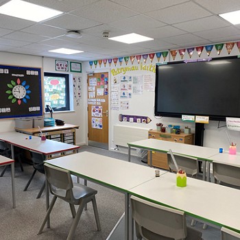 classroom with a large tv at the front