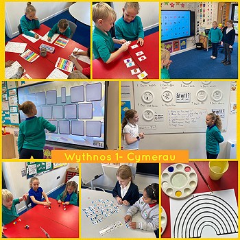 Collection of images of children learning Welsh in the classroom in Cymerau