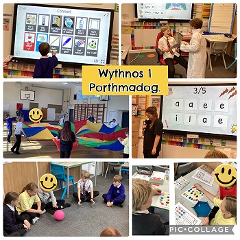 Collection of images of children learning Welsh in the classroom in Porthmadog