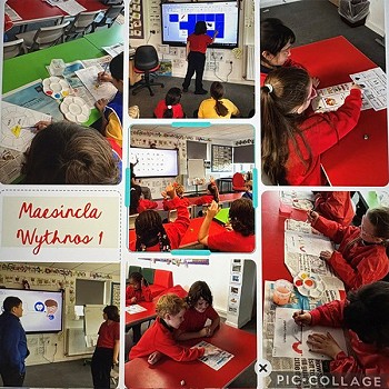 Collection of images of children learning Welsh in the classroom in Maesincla