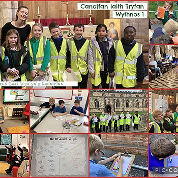 Collection of images of children learning Welsh in the classroom in Tryfan
