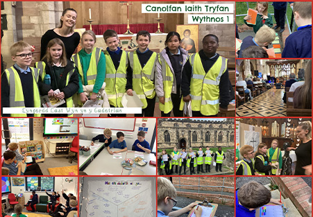 Collection of images of children learning Welsh in the classroom in Tryfan
