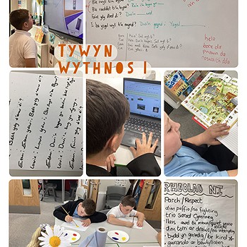Collection of images of children learning Welsh in the classroom in Tywyn