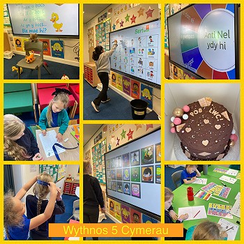 Collection of images of children in Cymerau language centre learning Welsh