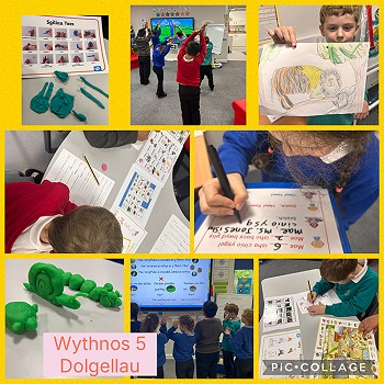Collection of images of children in Dolgellau language centre learning Welsh