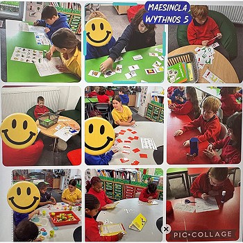Collection of images of children in Maesincla language centre learning Welsh