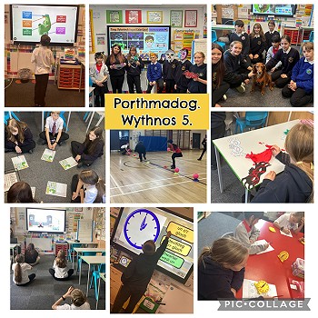Collection of images of children in Porthmadog language centre learning Welsh