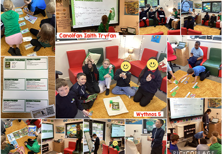 Collection of images of children in Tryfan language centre learning Welsh