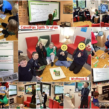 Collection of images of children in Tryfan language centre learning Welsh