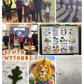 Collection of images of children in Tywyn language centre learning Welsh