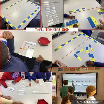students playing a game on the white board