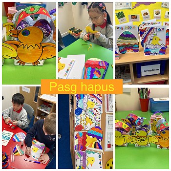 a collection of images of Ysgol cymerau pupils making easter craft