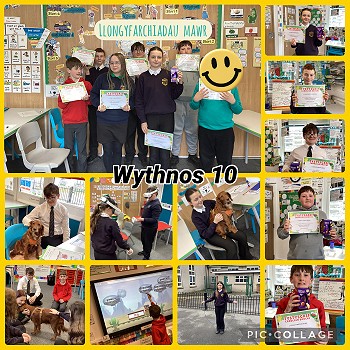 a collection of images of Ysgol eifionydd pupils holding their certificates