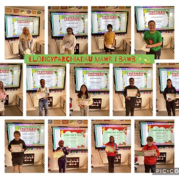 a collection of images of Ysgol Tryfan pupils holding their certificates