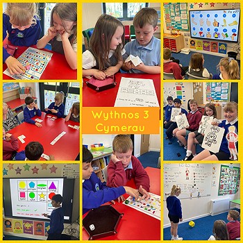 Collection of images of children in Pwlheli Language Centre learning Welsh