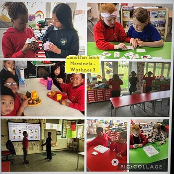 Collection of images of children in Maesincla Language Centre learning Welsh