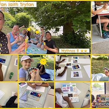 Collection of images of children in Tryfan learning Welsh by doing activities